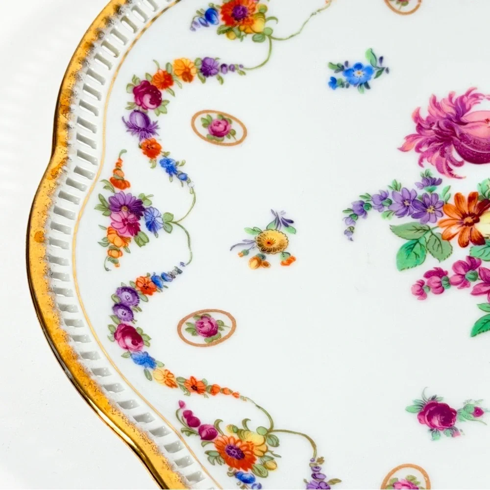 Schumann Bavaria Reticulated Plate Germany Dresden Flowers Pierced Porcelain 10”